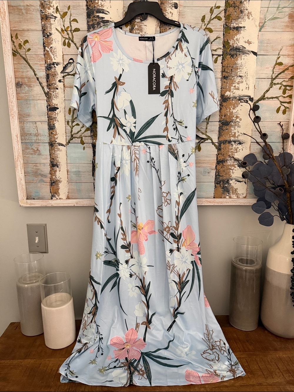NoraCora Light Blue Floral Maxi Dress with Pink & White Blossoms